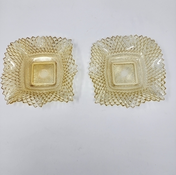 Vintage Amber Yellow Hobnail Diamond Cut Scallop Edge Glass Dish Set - Picture 2 of 10
